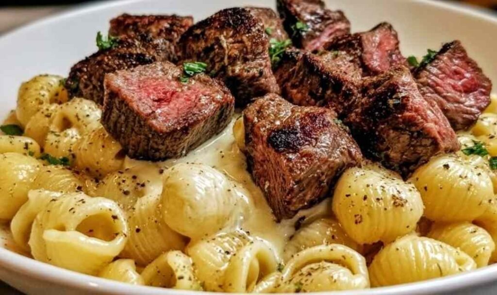 Steak bites and shell pasta in garlic butter Alfredo sauce served in a white bowl garnished with fresh parsley
