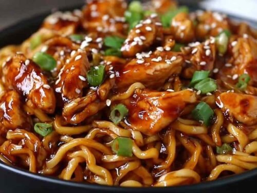 Sticky Garlic Chicken Noodles Recipe served in a bowl