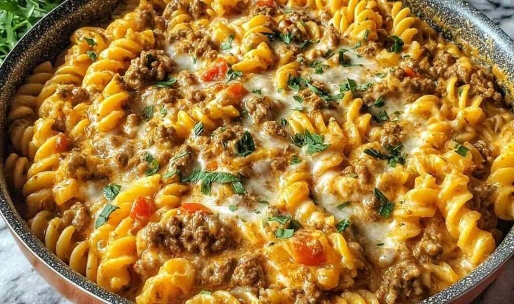 Stovetop Creamy Ground Beef Pasta cooking in a skillet