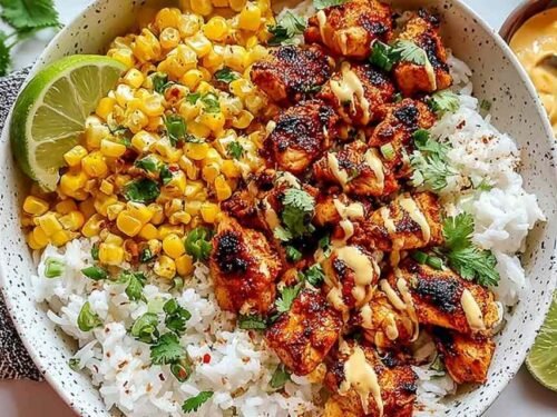Street corn chicken rice bowl topped with charred corn, cotija cheese, sliced avocado, black beans, and cilantro served in a white bowl