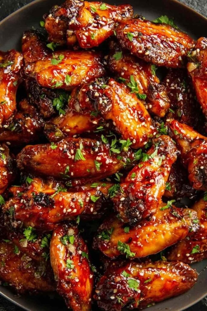 Sweet and Spicy Chicken Wings coated in sticky glaze on a white platter
