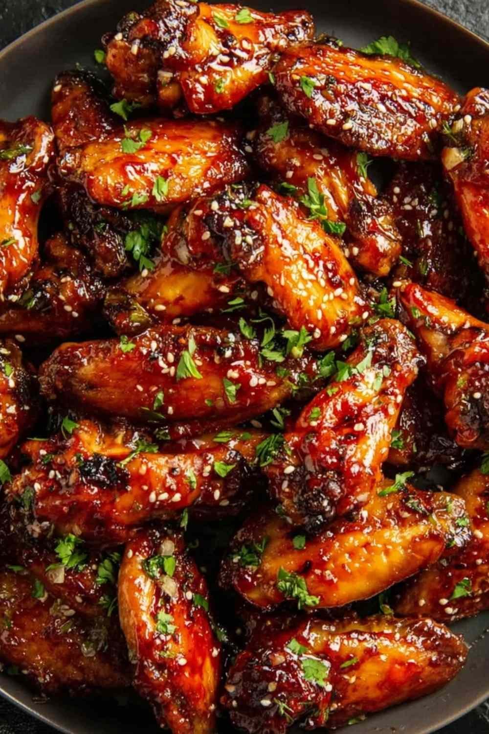 Sweet and Spicy Chicken Wings coated in sticky glaze on a white platter