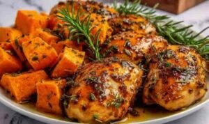 Sweet and savory maple-glazed chicken with roasted sweet potato cubes in a baking dish