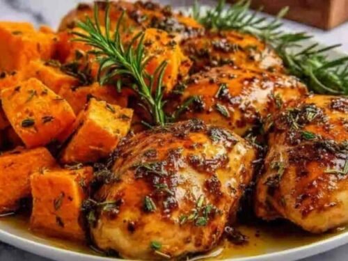 Sweet and savory maple-glazed chicken with roasted sweet potato cubes in a baking dish
