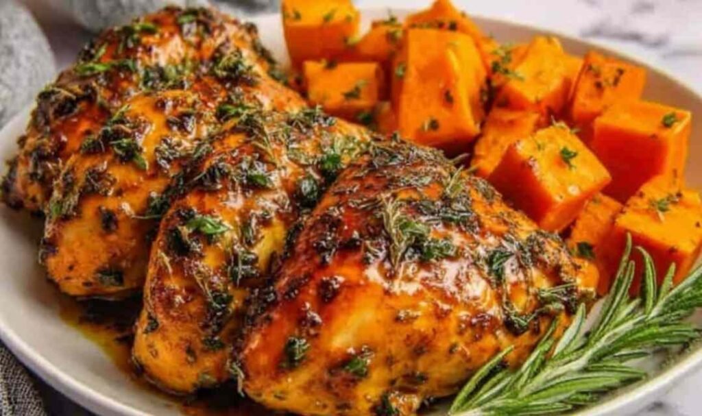 Sweet and savory maple-glazed chicken with roasted sweet potato cubes in a baking dish