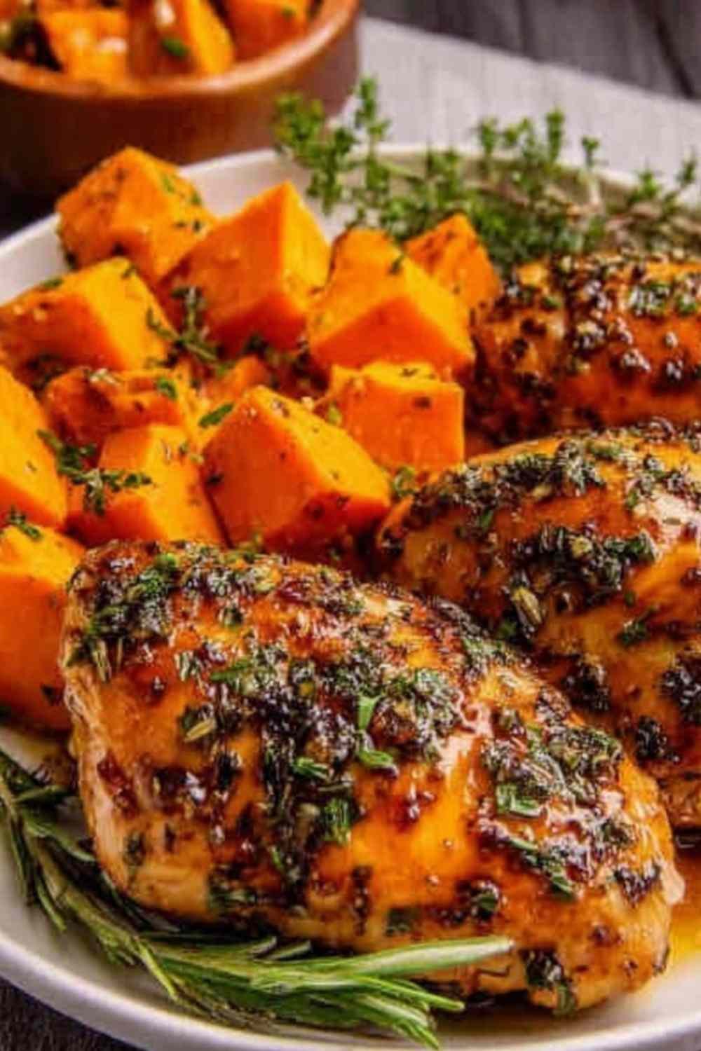 Sweet and savory maple-glazed chicken with roasted sweet potato cubes in a baking dish