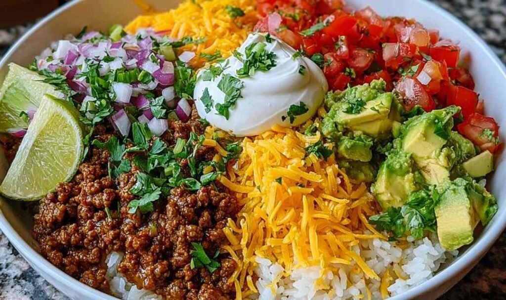 Fresh ingredients for a Taco Rice Bowl including ground meat, rice, and vegetables.