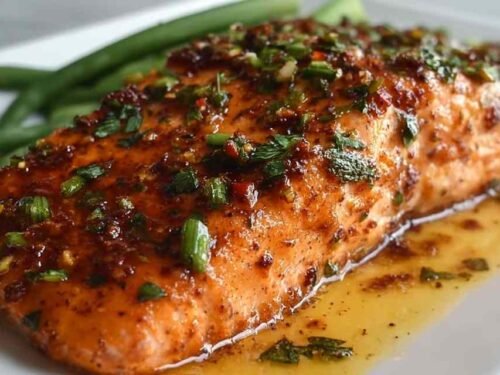 Texas Roadhouse Salmon on a white plate garnished with fresh parsley and lemon wedges