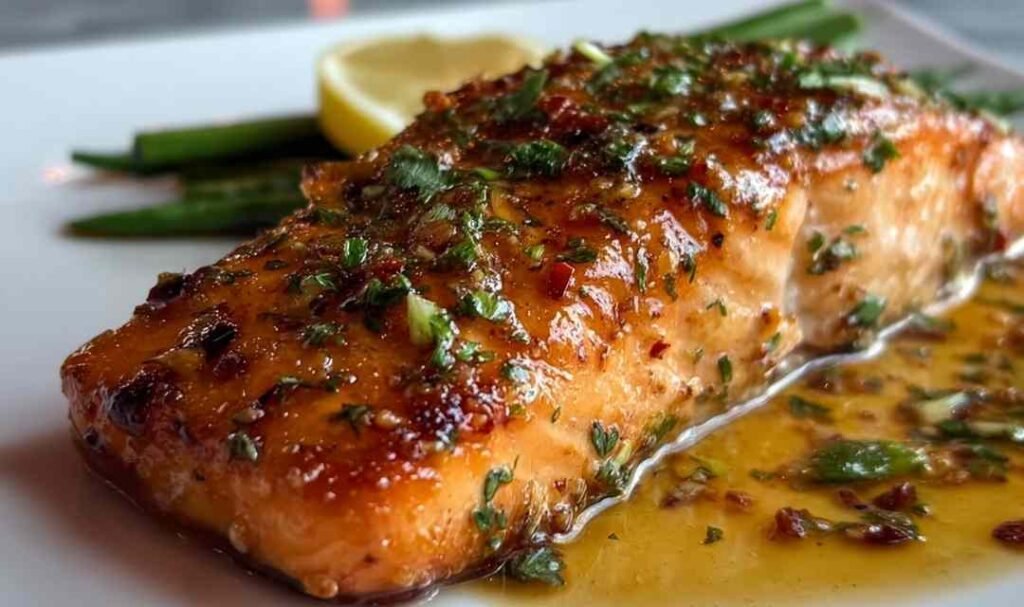 Texas Roadhouse Salmon on a white plate garnished with fresh parsley and lemon wedges