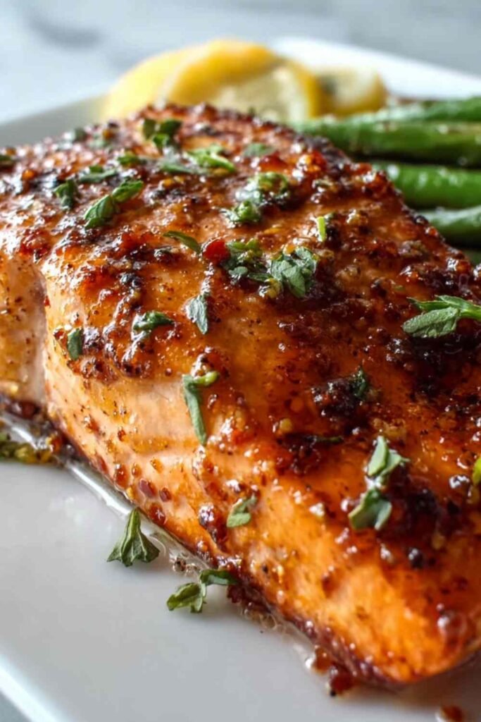 Texas Roadhouse Salmon on a white plate garnished with fresh parsley and lemon wedges