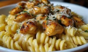 Twisted Pasta with Honey Garlic Chicken and Parmesan Cream on a white plate