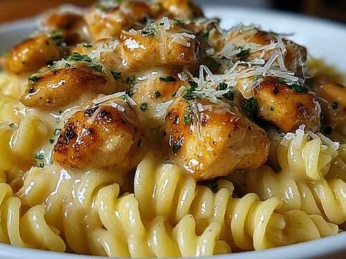 Twisted Pasta with Honey Garlic Chicken and Parmesan Cream on a white plate