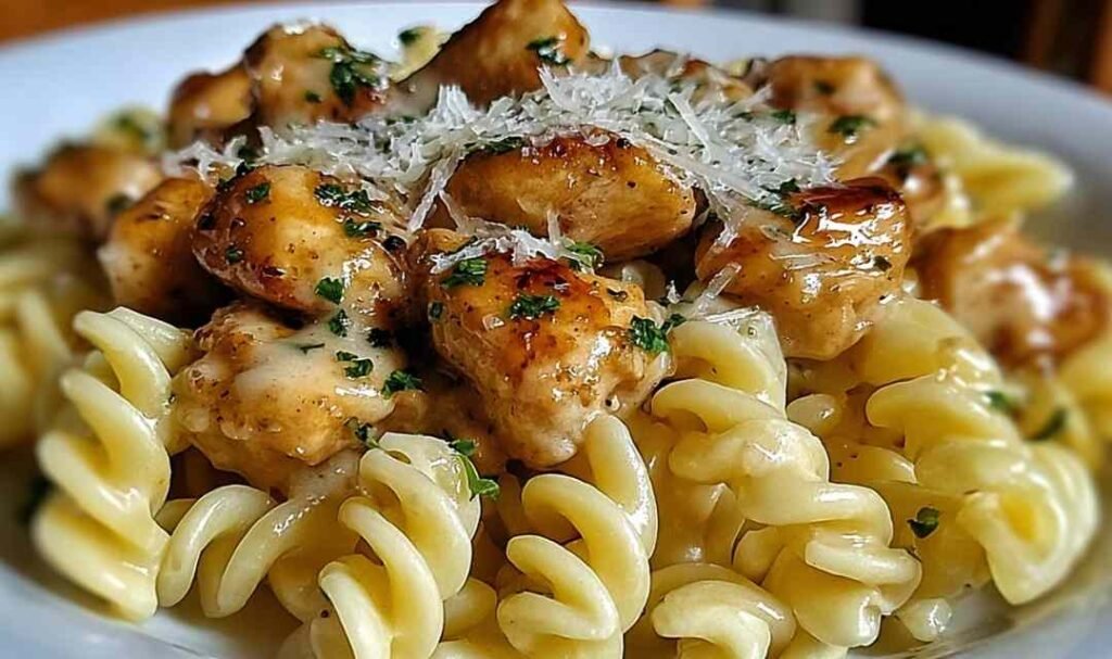 Twisted Pasta with Honey Garlic Chicken and Parmesan Cream on a white plate