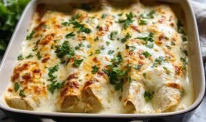 Creamy white chicken enchiladas baked in a 9x13 dish with golden melted cheese