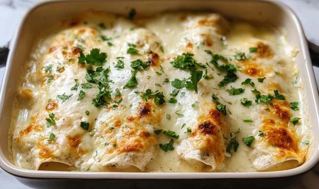 Creamy white chicken enchiladas baked in a 9x13 dish with golden melted cheese