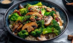 Fresh broccoli florets and sliced mushrooms prepped for a broccoli and mushroom stir fry