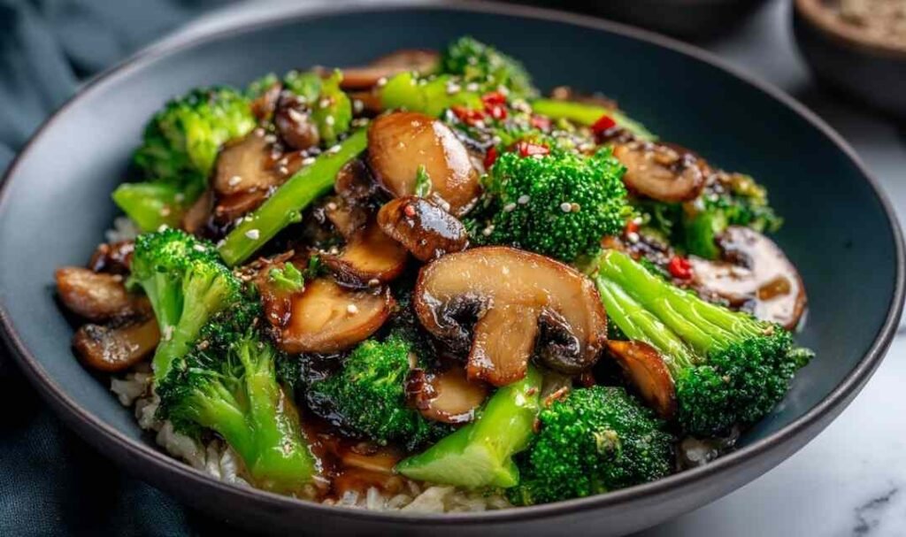 Fresh broccoli florets and sliced mushrooms prepped for a broccoli and mushroom stir fry