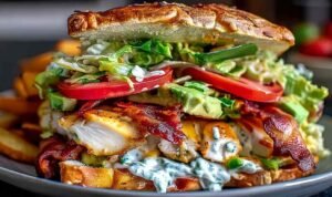 loaded chicken club sandwich Loaded chicken club sandwich with crispy bacon, sliced chicken, avocado ranch spread, and cheddar on toasted sourdough