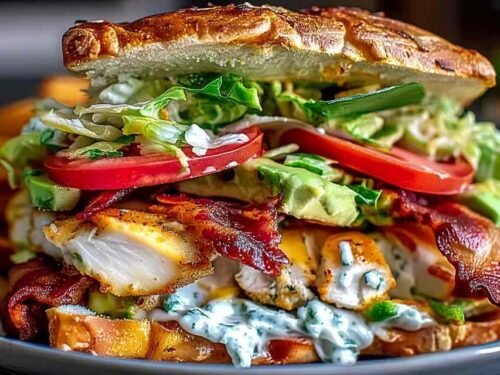 Loaded chicken club sandwich with crispy bacon, sliced chicken, avocado ranch spread, and cheddar on toasted sourdough