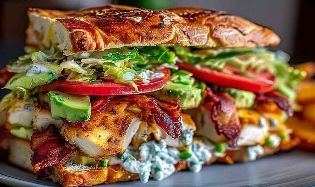 Loaded chicken club sandwich with crispy bacon, sliced chicken, avocado ranch spread, and cheddar on toasted sourdough
