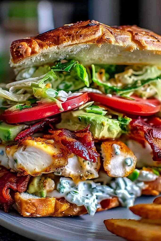 Loaded chicken club sandwich with crispy bacon, sliced chicken, avocado ranch spread, and cheddar on toasted sourdough