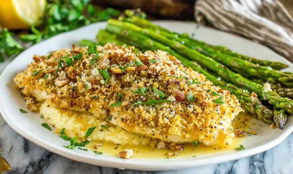 Almond-crusted honey dijon tilapia served over creamy parmesan polenta with honey mustard sauce drizzled on top