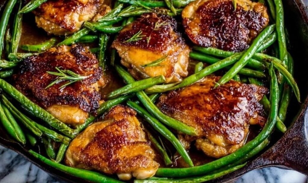 Asian seared chicken thighs with crispy golden skin cooking in a cast iron skillet for stir fried green beans recipe