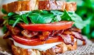 Classic BLT sandwich recipe sliced in half showing layers of crispy bacon, fresh tomato, lettuce, and avocado on toasted white bread