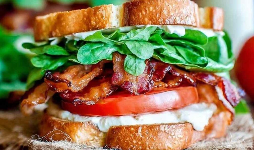 Classic BLT sandwich recipe sliced in half showing layers of crispy bacon, fresh tomato, lettuce, and avocado on toasted white bread