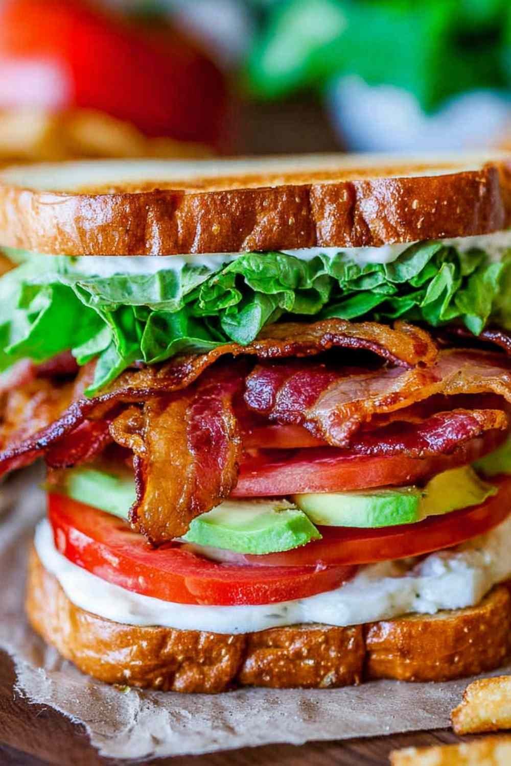 Classic BLT sandwich recipe sliced in half showing layers of crispy bacon, fresh tomato, lettuce, and avocado on toasted white bread
