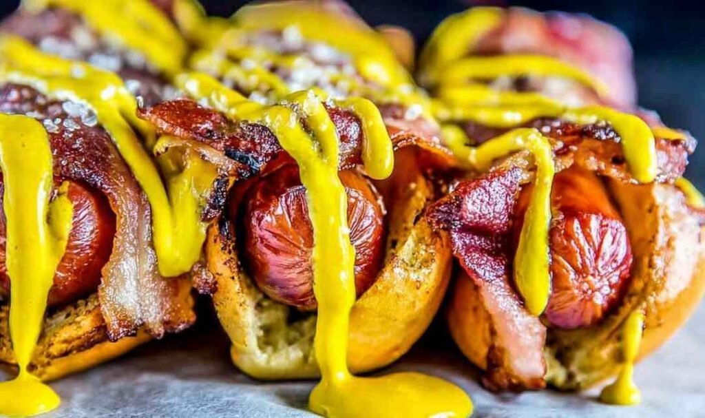 Bacon wrapped hot dogs grilling over low heat with crispy golden bacon on an outdoor grill