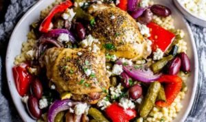 Baked Greek Chicken with Veggies Greek chicken with veggies in a cast iron skillet topped with feta cheese and Kalamata olives