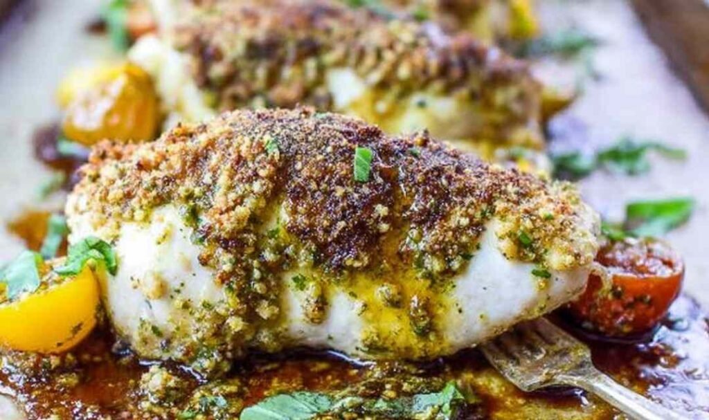 Baked pesto chicken spread with basil mixture on a baking sheet