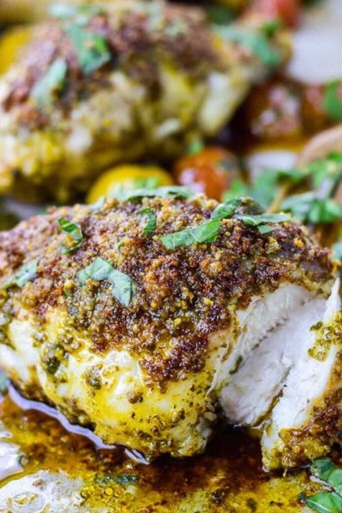 Baked pesto chicken spread with basil mixture on a baking sheet