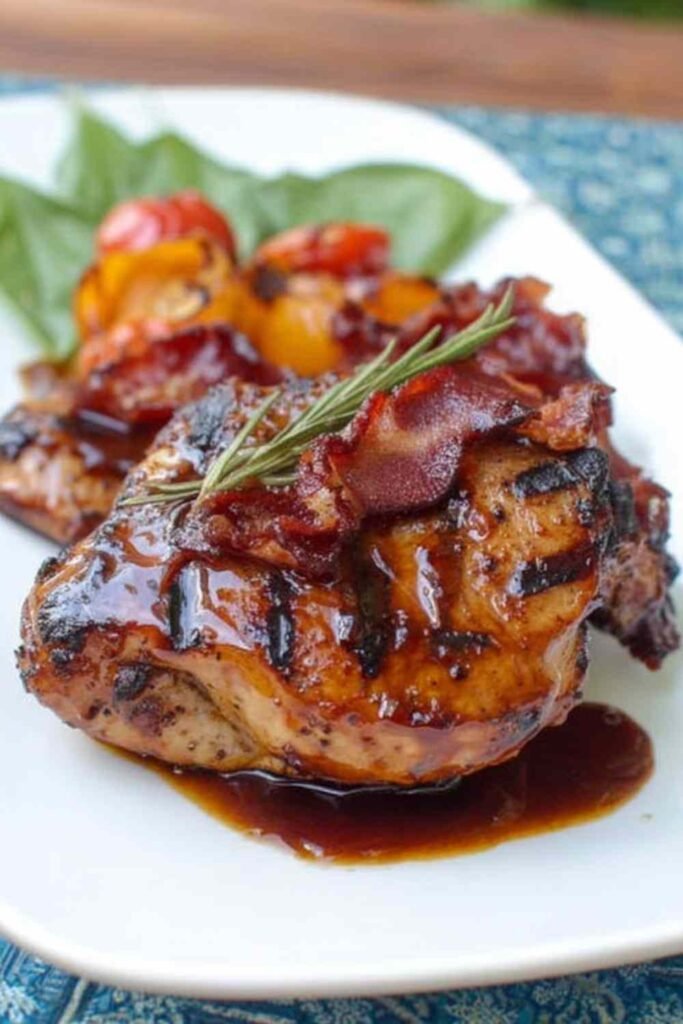 Juicy grilled chicken spicy honey bacon glaze served on a white plate with grilled vegetables