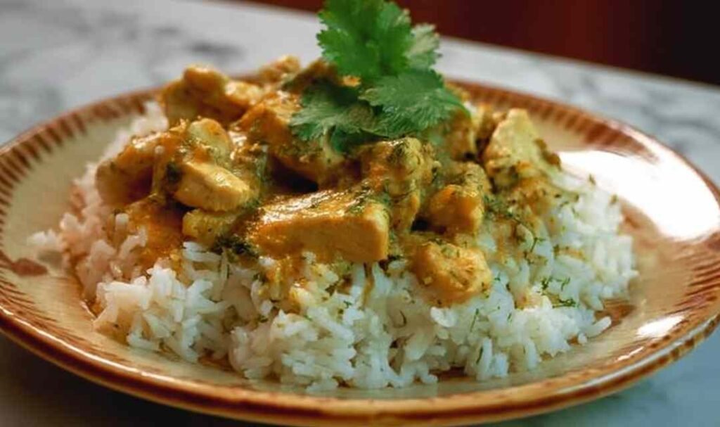 Basil chicken in coconut curry sauce served over steamed white rice in a white bowl