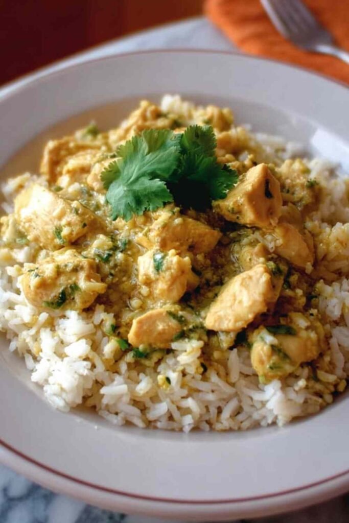 Basil chicken in coconut curry sauce served over steamed white rice in a white bowl