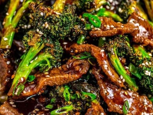 Sizzling Beef and Broccoli in a cast iron skillet