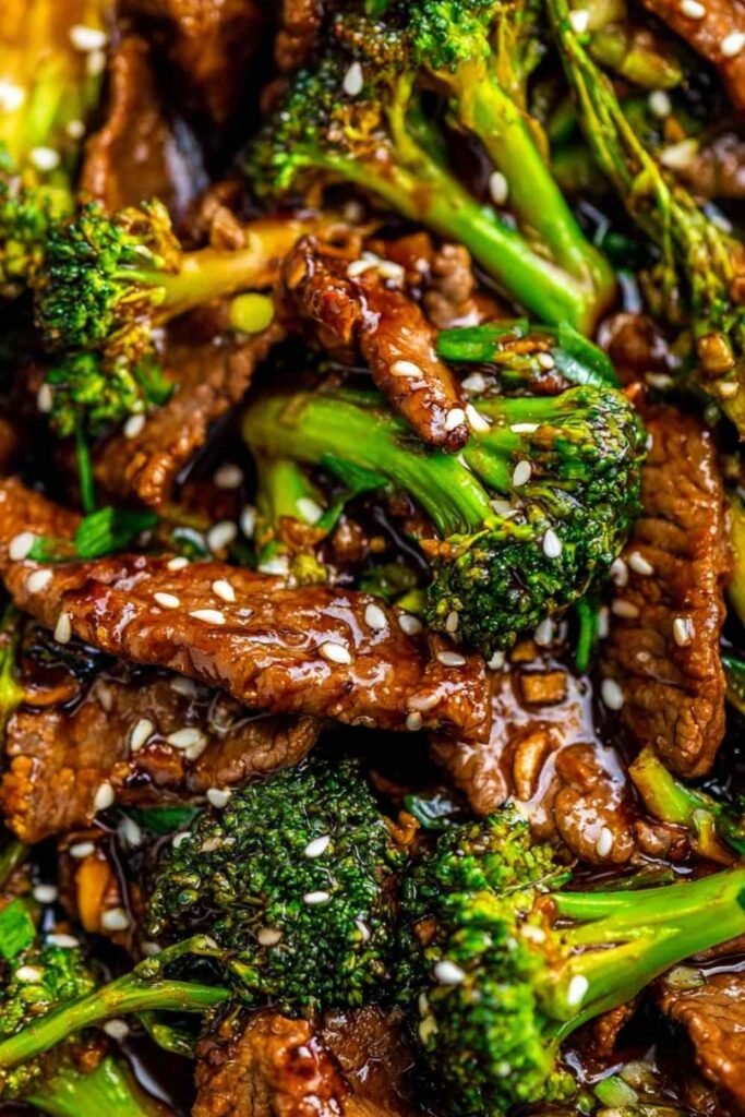 Sizzling Beef and Broccoli in a cast iron skillet