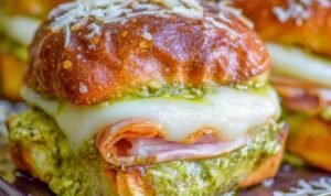 Canadian Bacon and Havarti Cheese Sliders with pesto glaze on a baking sheet, golden and bubbly fresh from the oven