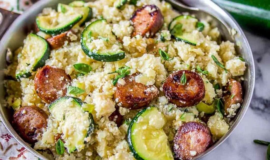 Cauliflower rice skillet with zucchini and kielbasa topped with melted cheddar cheese in a wide skillet