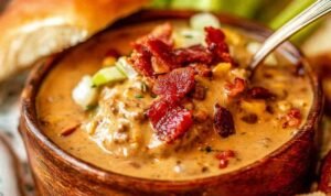 Bowl of cheeseburger soup topped with bacon and pickles.