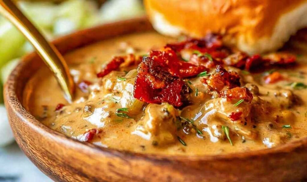 Bowl of cheeseburger soup topped with bacon and pickles.