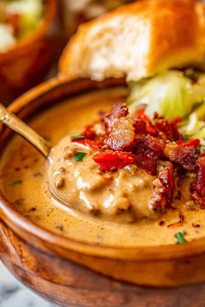 Bowl of cheeseburger soup topped with bacon and pickles.