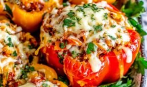 Classic stuffed bell peppers topped with golden melted mozzarella cheese in a white baking dish fresh from the oven