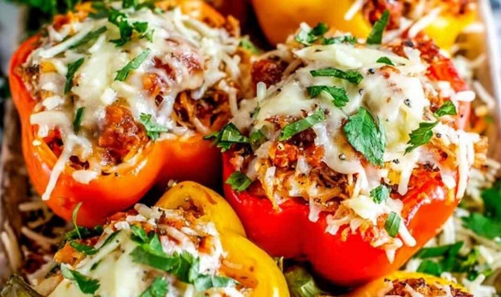 Classic stuffed bell peppers topped with golden melted mozzarella cheese in a white baking dish fresh from the oven
