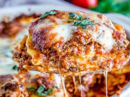 Ingredients for easy ravioli lasagna including frozen ravioli and sausage