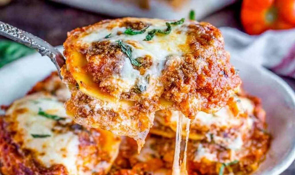 Ingredients for easy ravioli lasagna including frozen ravioli and sausage