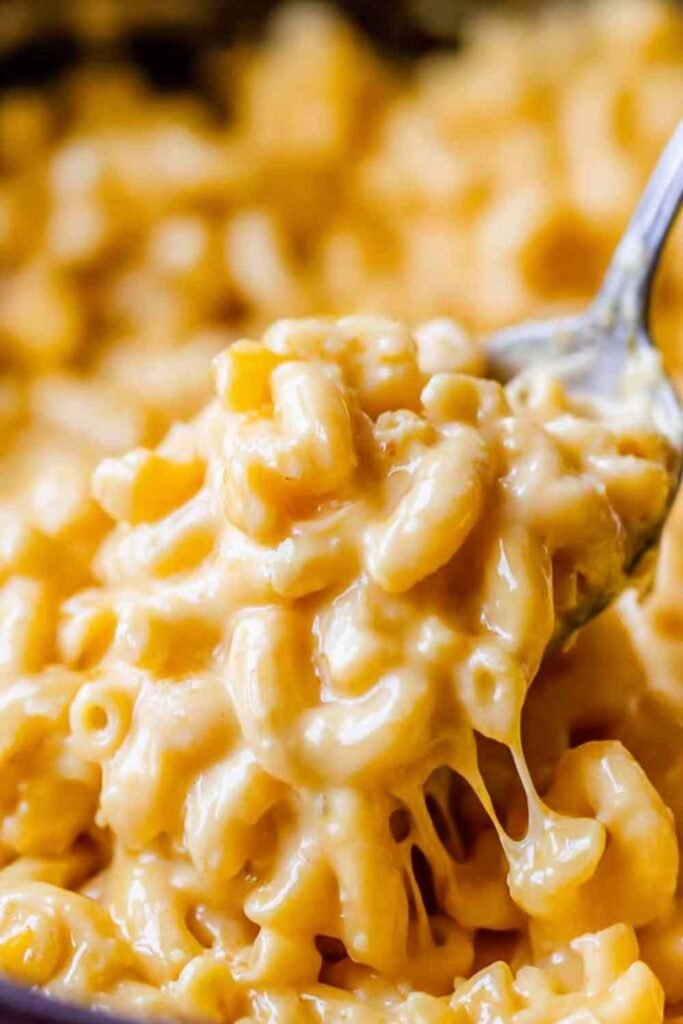 Easy stovetop mac and cheese in a skillet with a creamy sharp cheddar sauce coating the elbow macaroni