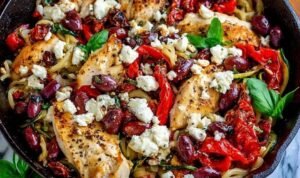 Greek pasta with chicken strips, kalamata olives, artichoke hearts, and crumbled feta cheese in a large skillet